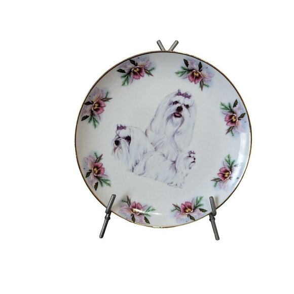 Maltese dog plate pink gold  tone trim  8"  home decor accents - Picture 3 of 7